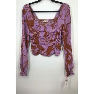 Ruched Romantic Fairy Poetcore Sweetheart Neck Crop Top Purple Long Sleeve M